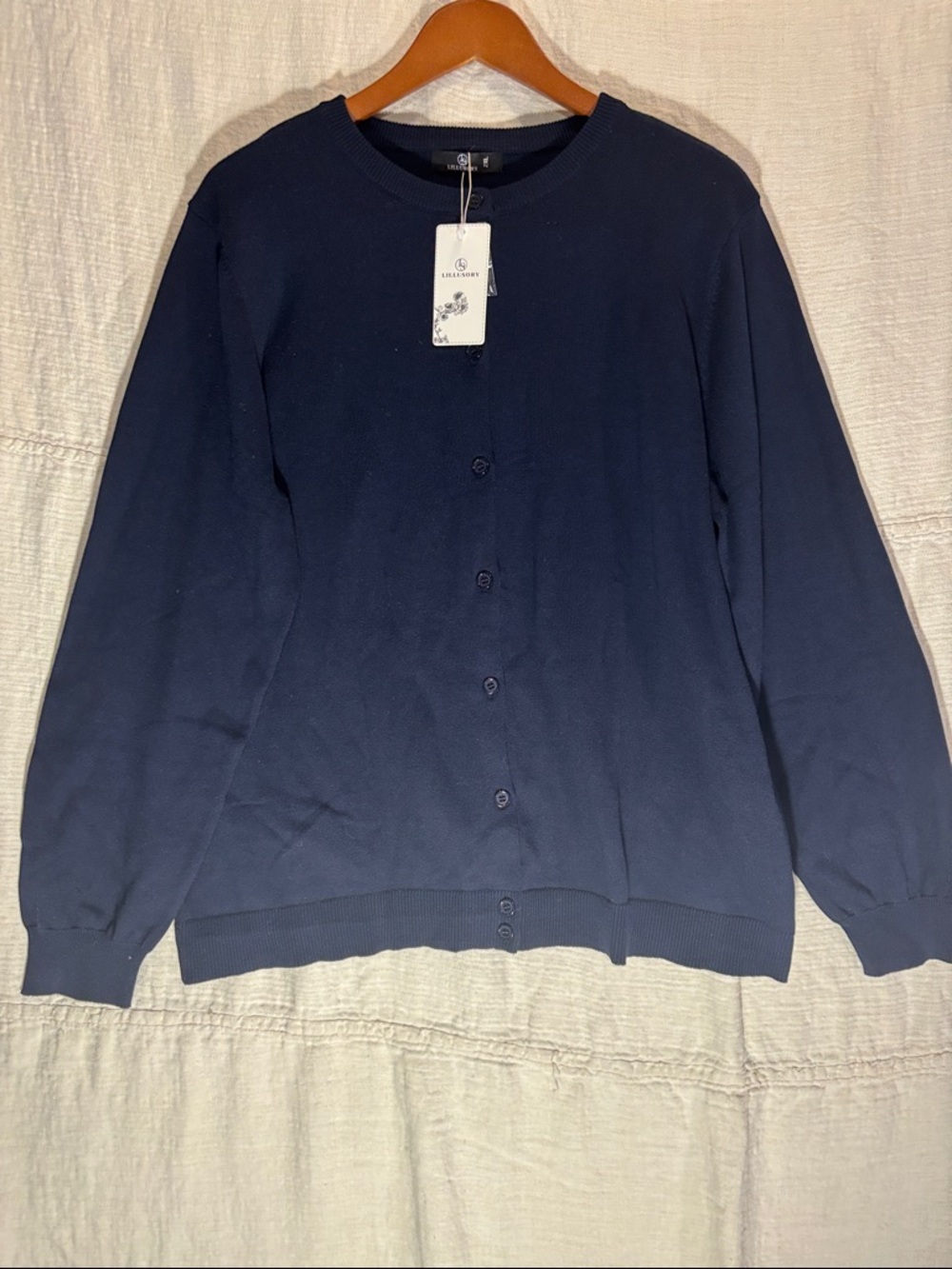 Classic Navy Button-Front Crew Cardigan - Women's 100% Cotton - Picture 5 of 6